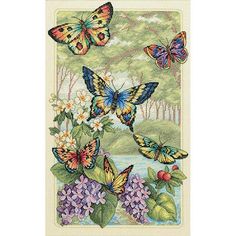 butterflies and flowers on a white cloth with green leaves in the middle, one is blue