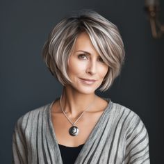 Short Haircuts With Glasses Over 50, Medium Length Haircut For Heavy Women, Blending Gray Hair With Highlights Brown, Highlighted Short Hair, Money Piece Short Hair, Bed Scrunchie, Angled Bob With Layers, Mid Length Bobs