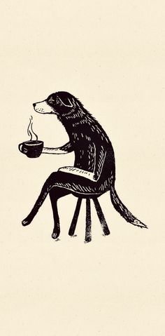 a drawing of a dog sitting on a stool drinking coffee