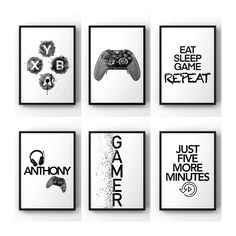 four black and white posters with game controllers