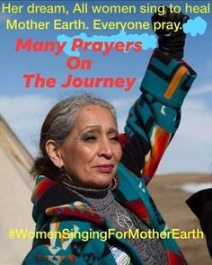 an older woman holding up her hand with the words, women sing for mother earth