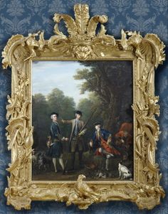 an oil painting of two men in front of a wooded scene with dogs and cats