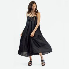 An elegant patchwork of black cotton-linen solids & eyelet fabrics with an easygoing silhouette makes ​our tiered ​dress a stand-out addition​. Wear yours with ​cute platform sandals or add a pair of slides and you're ready to enjoy a sunny day outing. Full shape, tiered maxi dress with delicate adjustable shoulder straps. Slightly gathered at the neckline with a flattering scoop back. Wash on a cold cycle, and tumble dry with medium heat. Warm iron. Patchwork, Badger, Cute Platform Sandals, Back Wash, Eyelet Fabric, Tiered Maxi Dress, Tiered Dress, Independent Designers Fashion, Sunny Day