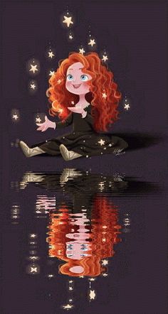 a woman with red hair sitting on the ground in front of water and stars above her