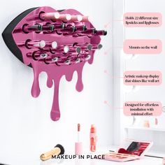 "Now available for sale! Don't miss out for the holidays.♡ Introducing our wall-mounted lipstick organizer - effortlessly hang it on your wall and comfortably hold up to 22 of your treasured lipsticks or lip-glosses. Available in a stunning red and charming pink! Its unique dripping-lip shape creates a captivating 3-dimensional wall art effect that's truly one-of-a-kind, adding a touch of elegance to your space. An exciting and distinctive gift idea! Discover your new organizer: ♡ Keeps your lip Makeup Shelves On Wall, Lipstick Storage Ideas, Purse Wall Display Bedroom, Perfume Wall Display, Makeup Artist Room Ideas, Edgy Apartment Decor, Makeup Artist Room, Beauty Room Ideas, Wall Mounted Makeup Organizer