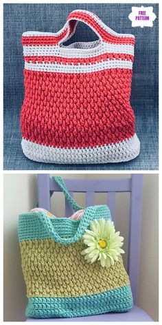 crocheted purse with flower on the front and side, sitting on a chair