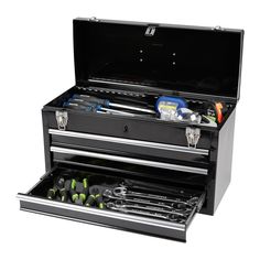 an open tool box filled with tools on top of a white background and the bottom drawer opened