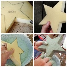 four pictures showing how to make a star shaped cake