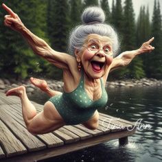 an older woman jumping off a dock into the water with her hands in the air