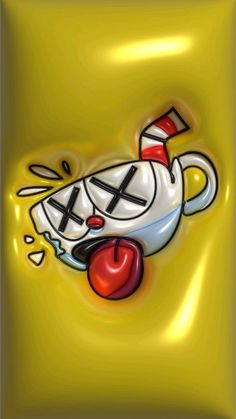 a painting of a teapot with an apple in it's mouth on a yellow background
