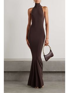 NORMA KAMALI Stretch-jersey turtleneck gown | NET-A-PORTER Maxi Holiday Dress, Turtle Neck Open Back Dress, Timeless Classic Dress, Elegant Dresses Couture Candy, Formal Summer Dresses For Women, Off The Shoulder Brown Dress, Stretch Dresses Classy, Guest Of Wedding Dress Fall, Cool Evening Outfits