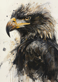 a painting of an eagle with yellow and black spots on it's head, in front of a white background