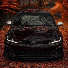 the front end of a black car parked in leaves