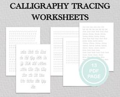 the printable worksheet for calligraphy is shown in three different sizes and colors