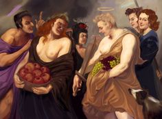 three women in roman dress holding fruit and two men with horns on their heads are looking at each other