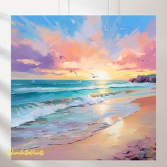 a painting of a sunset on the beach with seagulls flying in the sky
