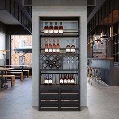 the wine rack is full of bottles and glasses