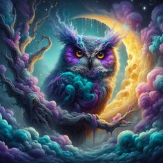 an owl is sitting on a tree branch in front of the moon with clouds and stars