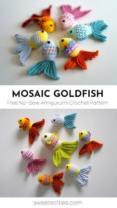crocheted goldfish pattern with text overlay that reads mosaic goldfish free no sew amigurrni crochet pattern