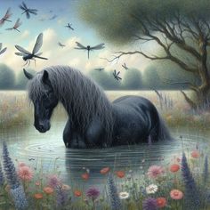 a painting of a black horse in a pond surrounded by wildflowers and dragonflies