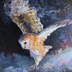 a painting of an owl flying in the air