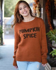 This sweater is the missing piece in your Halloween wardrobe. This must-have boyfriend crew is super soft and knit in a flattering relaxed fit that will keep you cozy throughout the entire season. The phrase "PUMPKIN SPICE" is knit directly into the sweater. Details include ribbed finishes. Composition: 76% acrylic, 12% Mohair and 12% Wool Womens Chunky Sweater, Pumpkin Sweater, Sweater Details, Brown Brick, The Missing Piece, Missing Piece, Cozy Fashion, The Missing, Pumpkin Spice