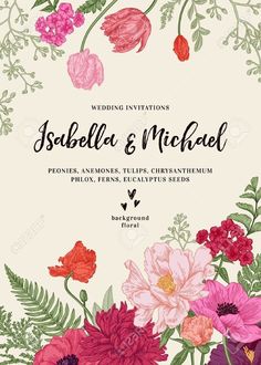 the wedding card is decorated with flowers and leaves