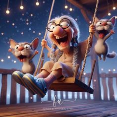 an animated image of a woman on a swing with two cats