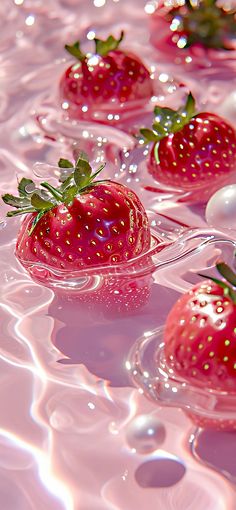 three strawberries floating in the water on top of each other with pearls around them