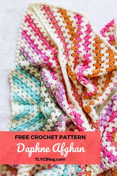 crocheted afghan with text overlay that says free crochet pattern dappne afghan