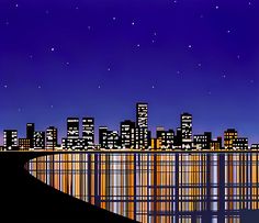 a night scene with the city lights reflected in the water and stars on the sky
