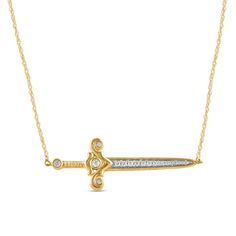 Witty and charming, this diamond sword necklace makes the cut in style. Crafted in warm 10K gold, this sculpted sword showcases diamonds shimmering along the blade. Bezel-set diamonds dot the hilt for added sparkle. Radiant with 1/6 ct. t.w. of diamonds and a bright polished shine, this design suspends centered along an 18.0-inch rope chain that secures with a spring-ring clasp. Love Shape, Bezel Set Diamond, Geek Out, Rope Chain, 10k Gold, Bezel Setting, Gifts For Husband, Spring Rings, Diamond Necklace