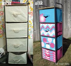 before and after photos of an old dresser painted pink, blue and white with flowers