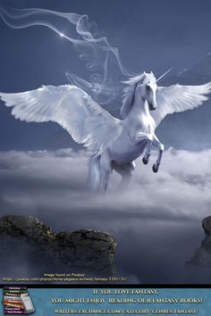 a white horse with wings flying through the sky