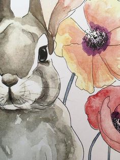 a drawing of a rabbit with flowers in the background