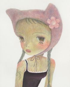 a drawing of a girl wearing a pink hat