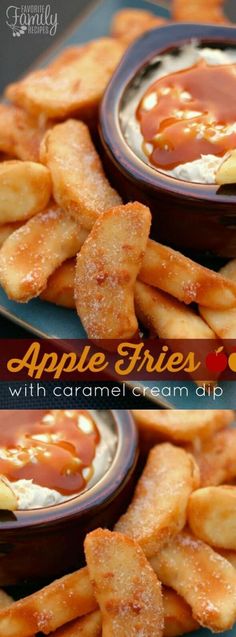 apple fries with caramel cream dip are served in small bowls on a blue plate