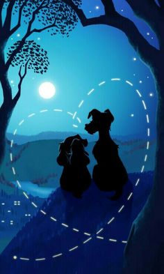 two dogs sitting next to each other in front of a night sky with the moon