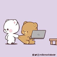 a teddy bear sitting next to a laptop computer on a table with a stuffed animal beside it