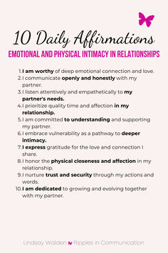 Start each day with intention and strengthen your bond with these 10 daily affirmations for nurturing emotional and physical intimacy in your relationship. #DailyAffirmations #RelationshipGoals #LoveAndConnection Building Connection, Relationship Communication, How To Communicate Better, Emotional Intimacy, Intimacy Issues, Communication Relationship, Relationship Blogs, Relationship Therapy, Relationship Struggles