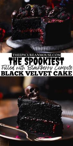 the spookest black velvet cake is made with chocolate frosting and topped with raspberries