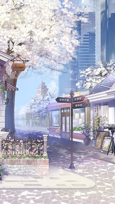 a digital painting of a city street with a train on the tracks and trees in bloom