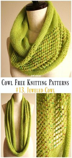 three different pictures of a green knitted cowl with text that says, cowl free knitting patterns 13 jeweled cowl