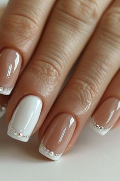 Nail Art Ideas For Wedding, White Or French Nails, French Designed Nails, White French Tip Nails For Wedding, French Tip For Wedding, Wedding Day Nail Designs, Gel Wedding Nails For Bride, Bridal Nail Ideas French, White Nails Fancy