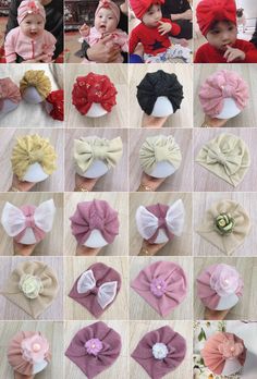 many different types of hair bows are shown in this collage, including one with an infant's headband