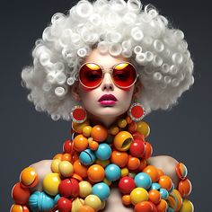 a woman with white hair and red sunglasses is surrounded by colorful balls in her body