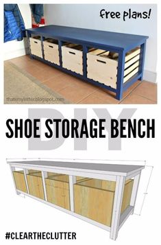 the plans for a shoe storage bench are shown in two different pictures and one is labeled with