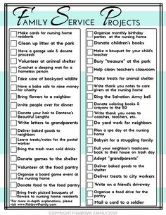 a printable family service checklist with the words family service and their names on it