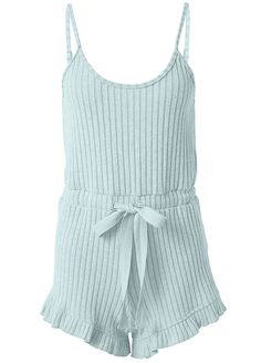 Blur the line between sleepwear and loungewear with this ribbed fabric minimalist romper. Adjustable spaghetti straps and an open scoop neck combine with ruffled shorts and a sash tie at the waist for a flirty nighttime look or while resting poolside.* Sizes: XS (2), S (4-6), M (8-10), L (12-14), XL (16)* Plus sizes: 1X (18-20), 2X (22-24), 3X (26-28)* Drawstring tie at waist* Straps are adjustable* Ruffle hem* Poly/spandex. Imported Ruffled Shorts, Lounge Romper, Pajama Romper, Sleepwear & Loungewear, Plus Sizes, Ribbed Fabric, Ruffle Hem, Blur, Jean Jacket