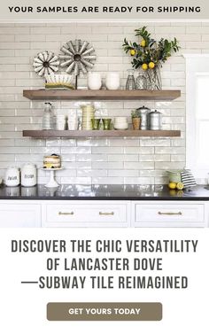 a kitchen with white cabinets and shelves filled with pots, pans and other items